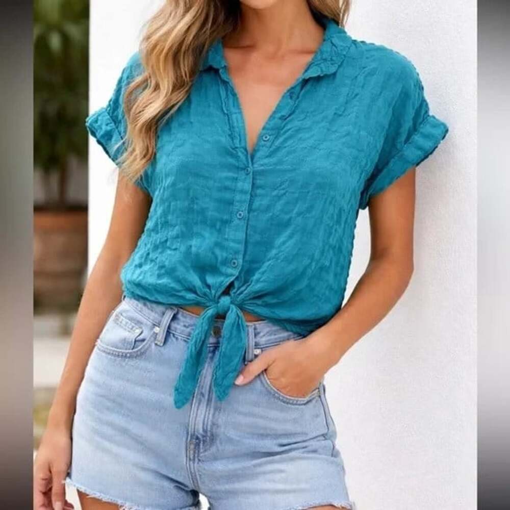 Anthropologie Cloth & Stone Size XS Teal Woven Cuff Sleeve Front Tie Button Up